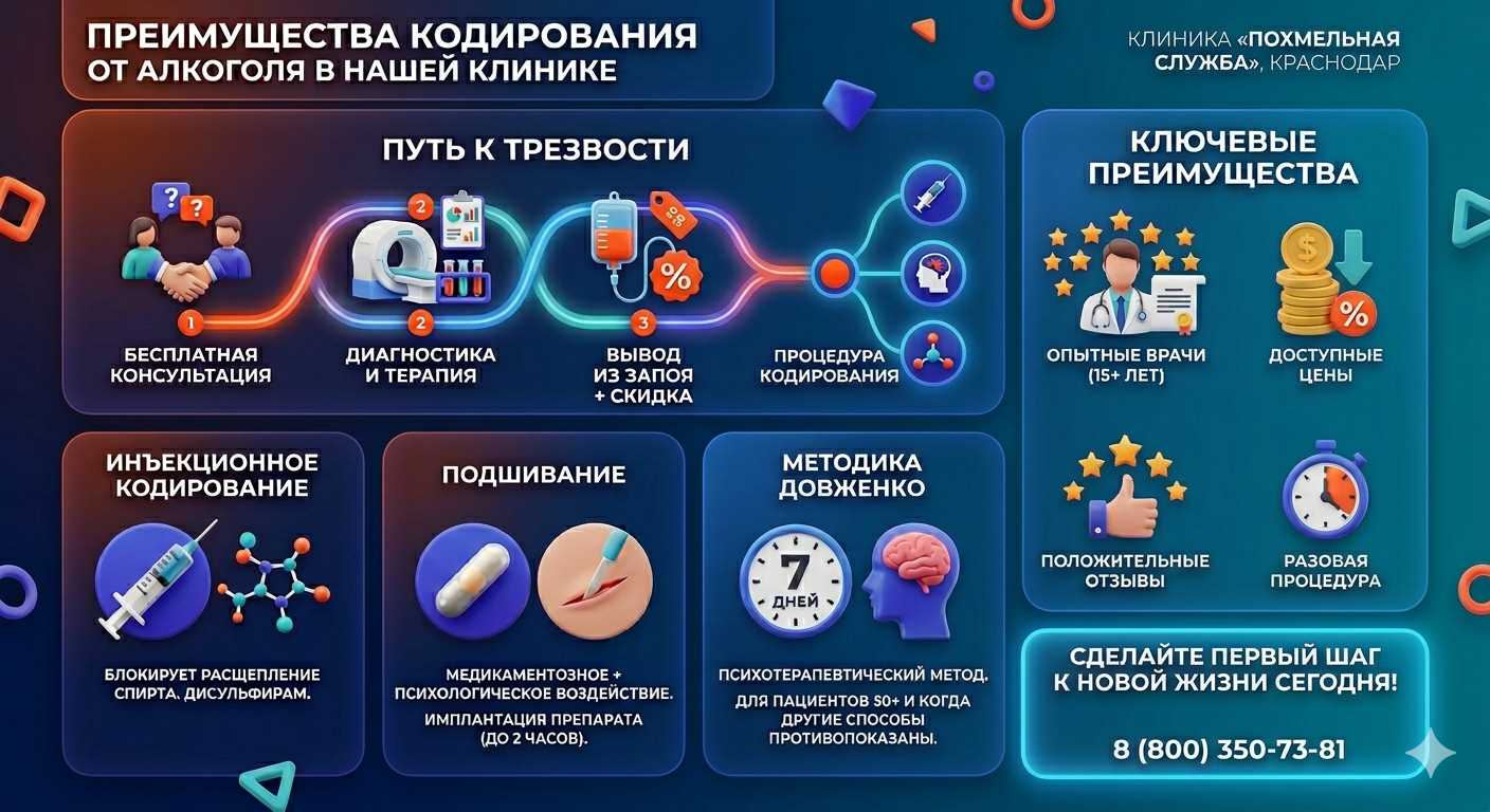 Инфографика о методах кодирования от алкоголя в Горнозаводске: инъекции, подшивание, метод Довженко. Преимущества клиники и этапы лечения.
