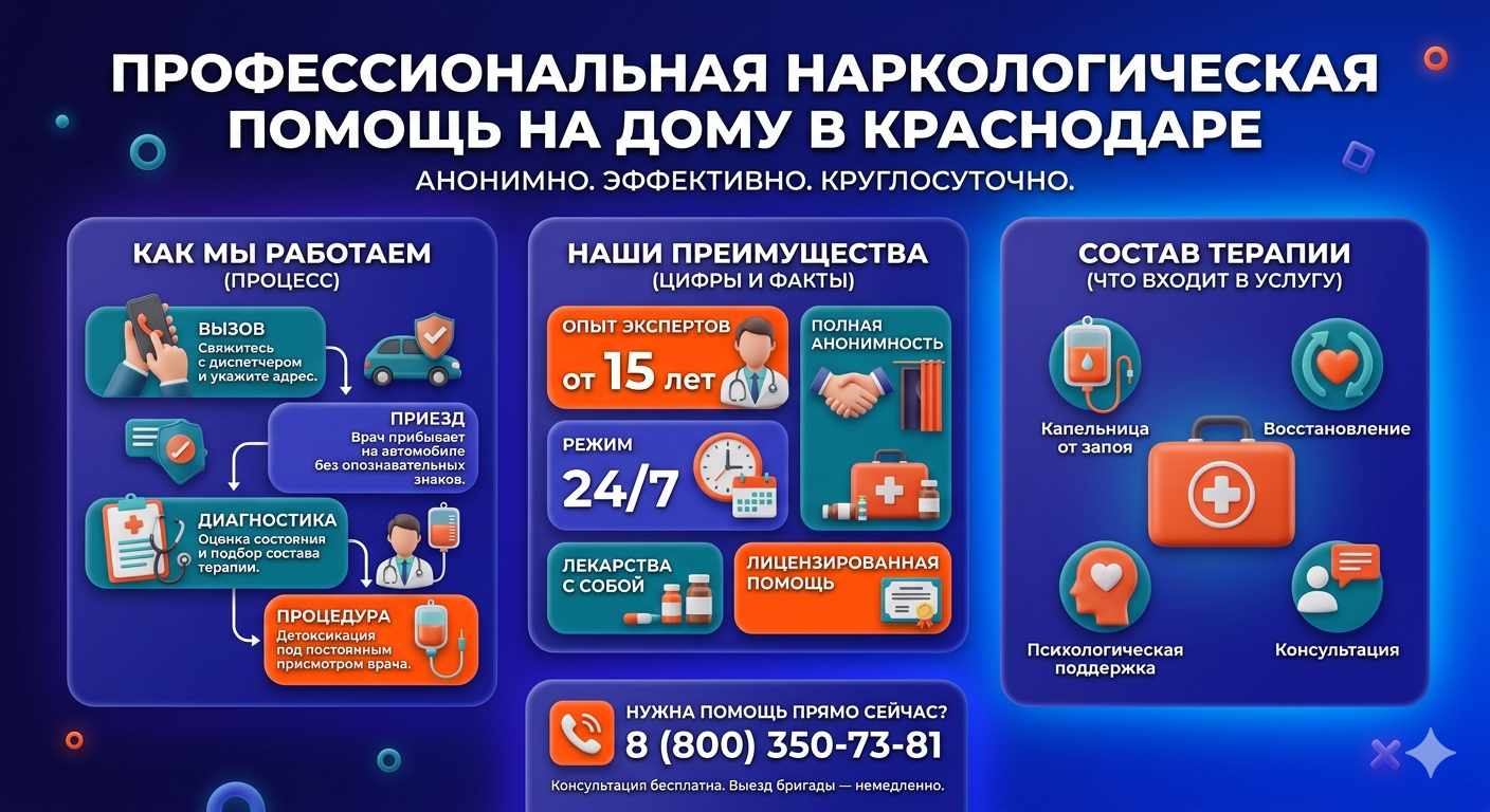 Инфографика о принципах лечения алкоголизма на дому в Горнозаводске: этапы вызова нарколога, преимущества анонимной детоксикации и состав медицинской помощи.